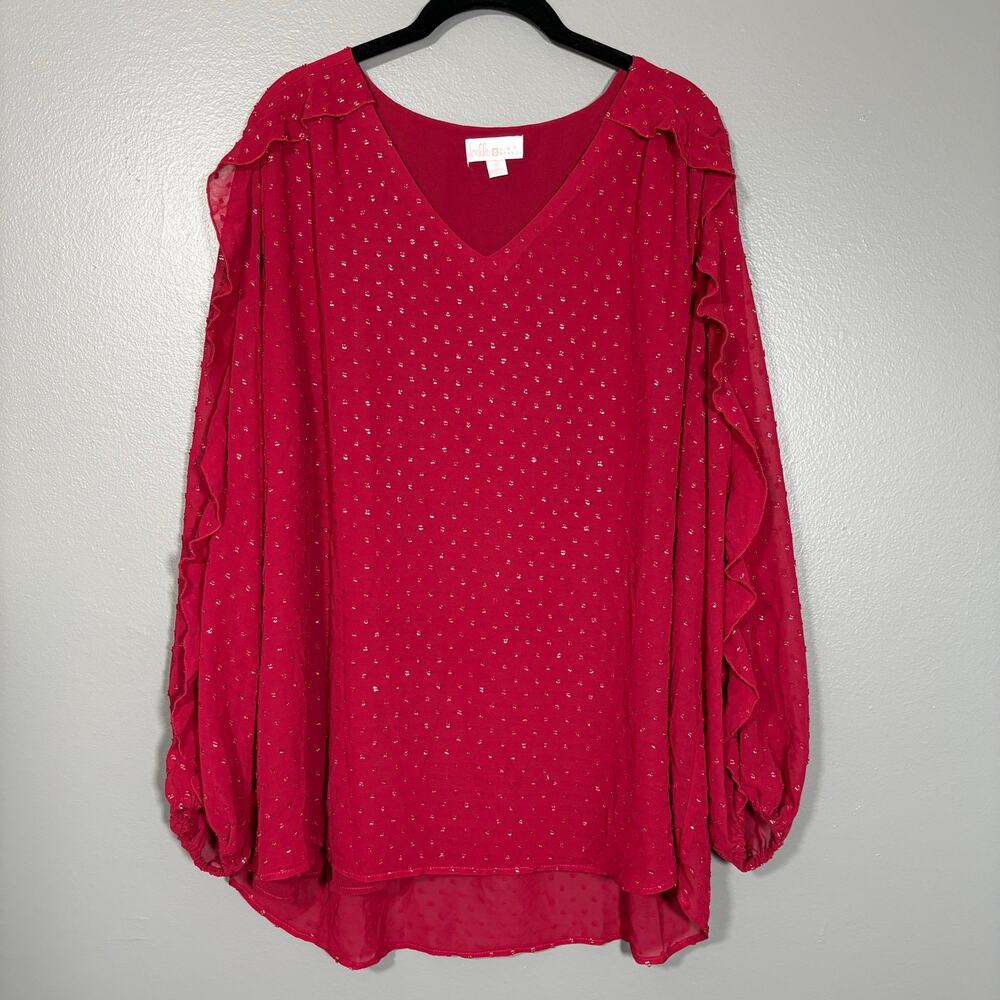 Belle Kim Gravel Red Gold Polka Dot Whimsy Ruffle Top - 1X - Women's Plus Size